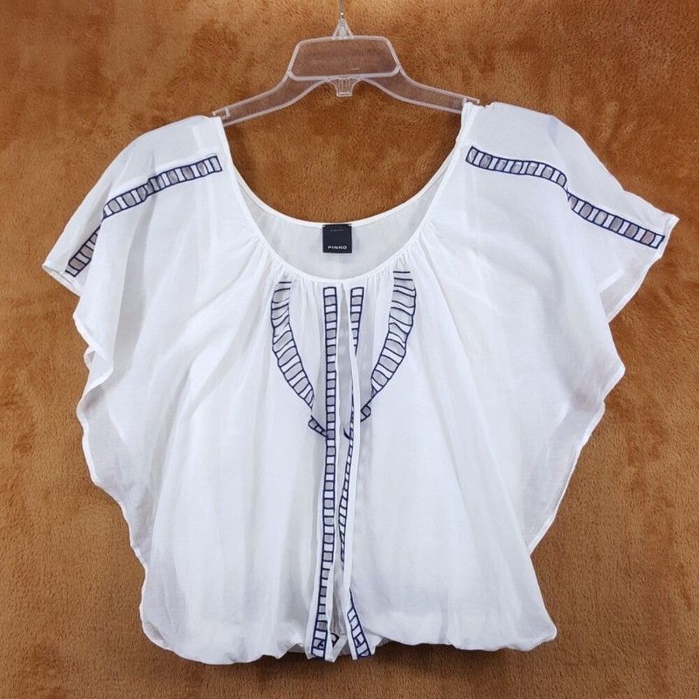 PINKO Top Womens Small White Pullover Flowy Banded Hem Peasant Silk Blend Blouse